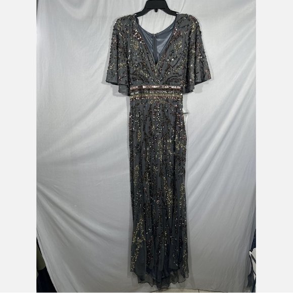 NWT $698 Mac Duggal [‎ 8 ] Cape Sleeve Embellished Gown in Charcoal Multi Gold - Picture 3 of 15